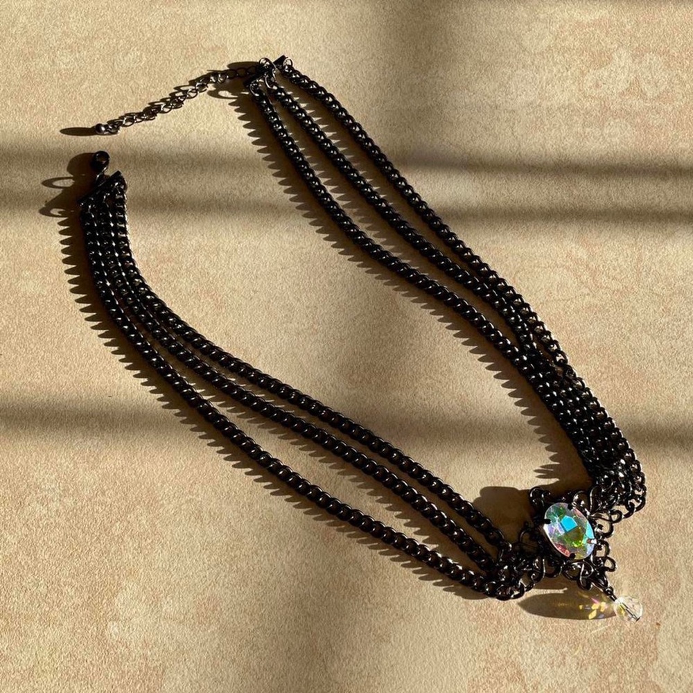 Hot Topic Hematite 3 Chain Iridescent Stone Necklace